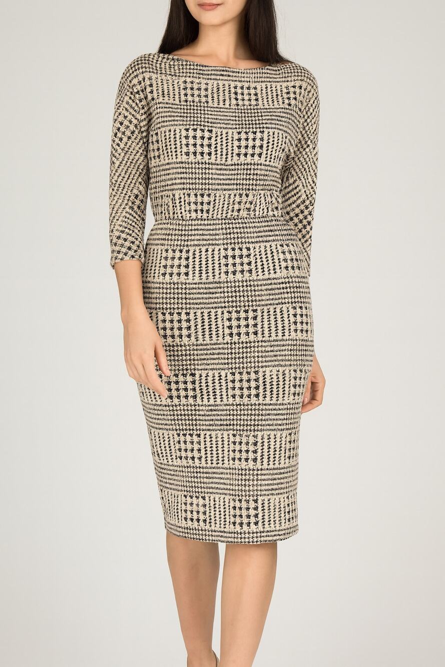 Badgley Mischka Houndstooth Midi Dress Plaid Boat Neck 3/4 Sleeve Shift Sparkle